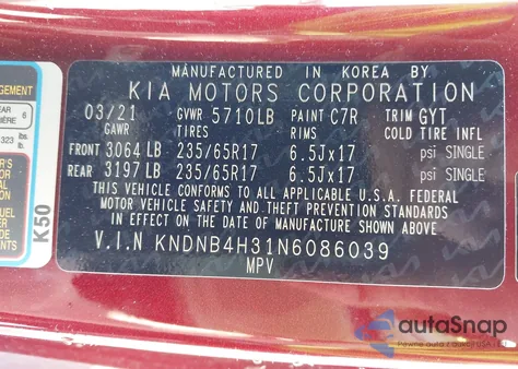 2022 Kia Carnival Lx Seat Package из США, поврежденный, VIN KNDNB4H31N6086039